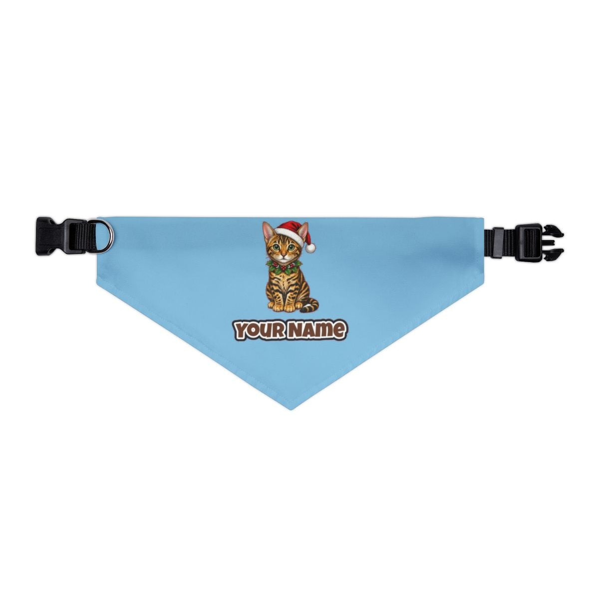 Bengal personalised Christmas pet bandana in sky blue, collar with buckle