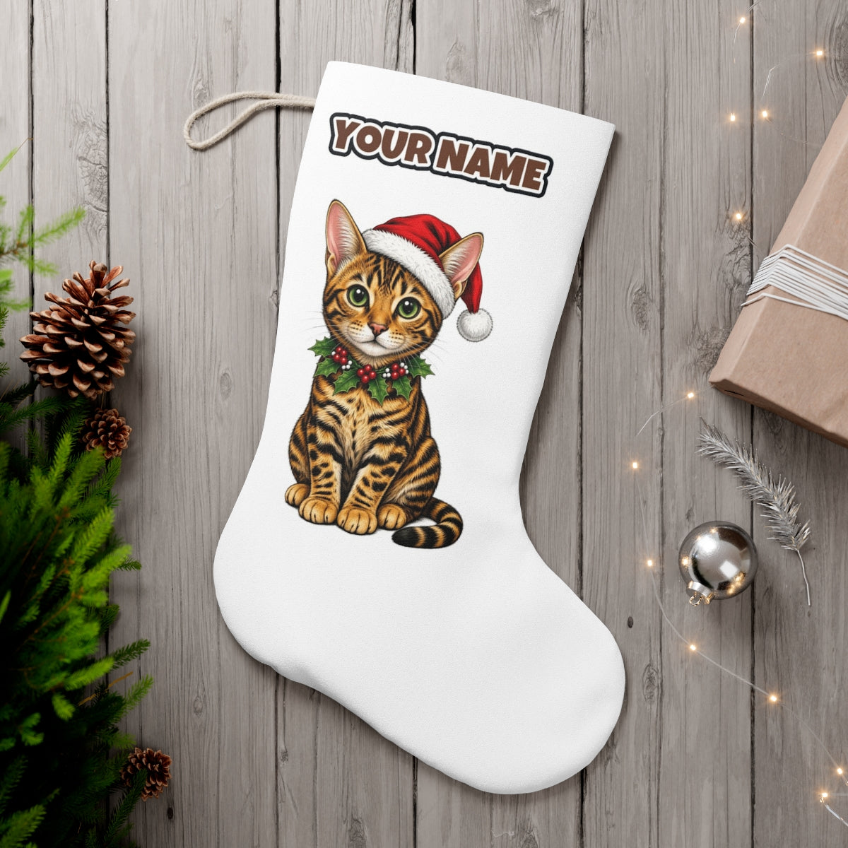Bengal personalised Christmas stocking, white, with the name across the top