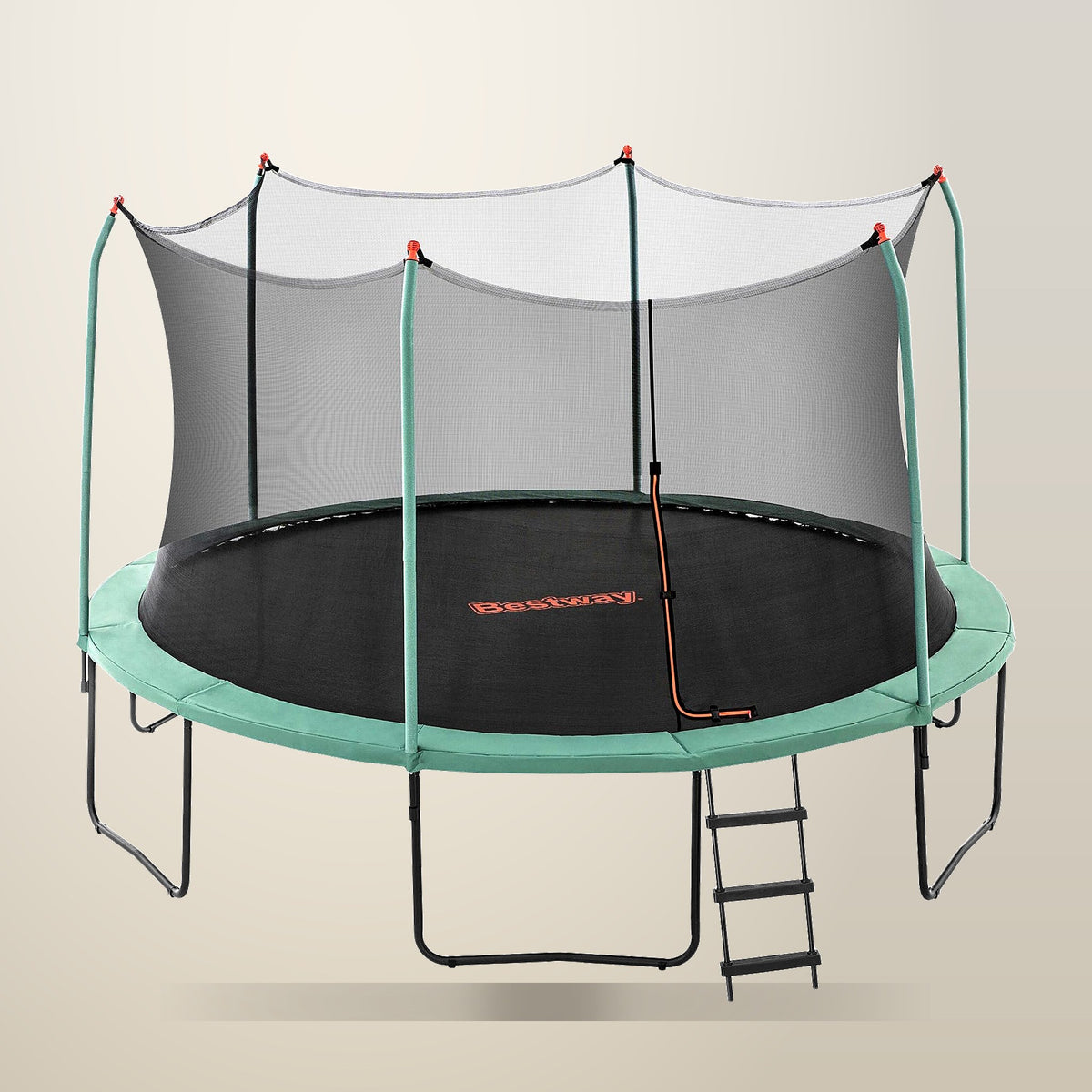 Bestway 14ft Trampoline with Safety Net, Green, on a plain cream background