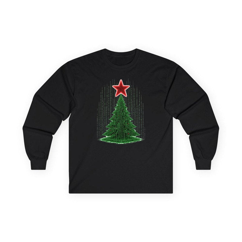 Binary Code Christmas Tree personalised long sleeve Christmas T-shirt in black