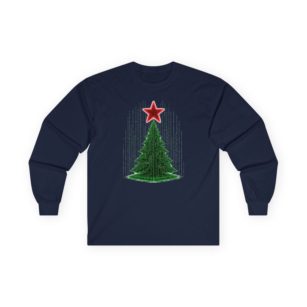 Binary Code Christmas Tree personalised long sleeve Christmas T-shirt in navy