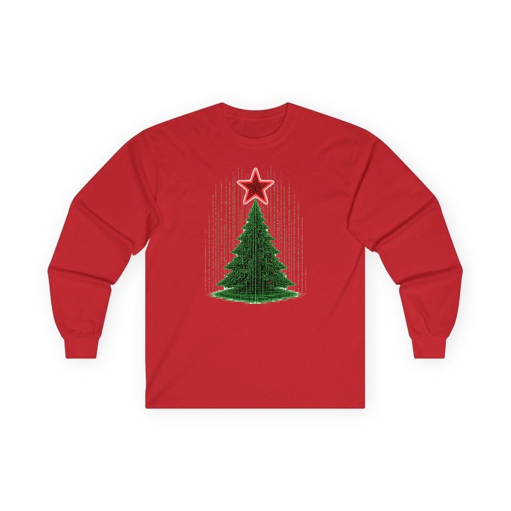 Binary Code Christmas Tree personalised long sleeve Christmas T-shirt in red