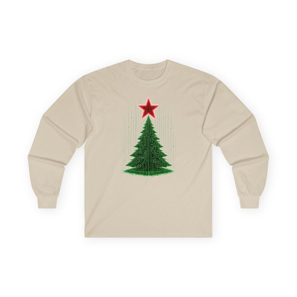Binary Code Christmas Tree personalised long sleeve Christmas T-shirt in sand