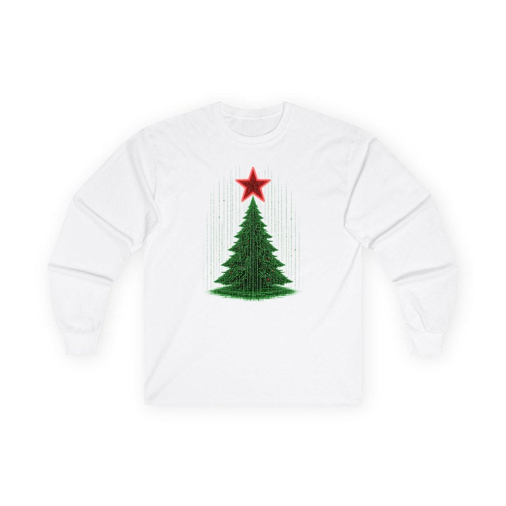 Binary Code Christmas Tree personalised long sleeve Christmas T-shirt in white