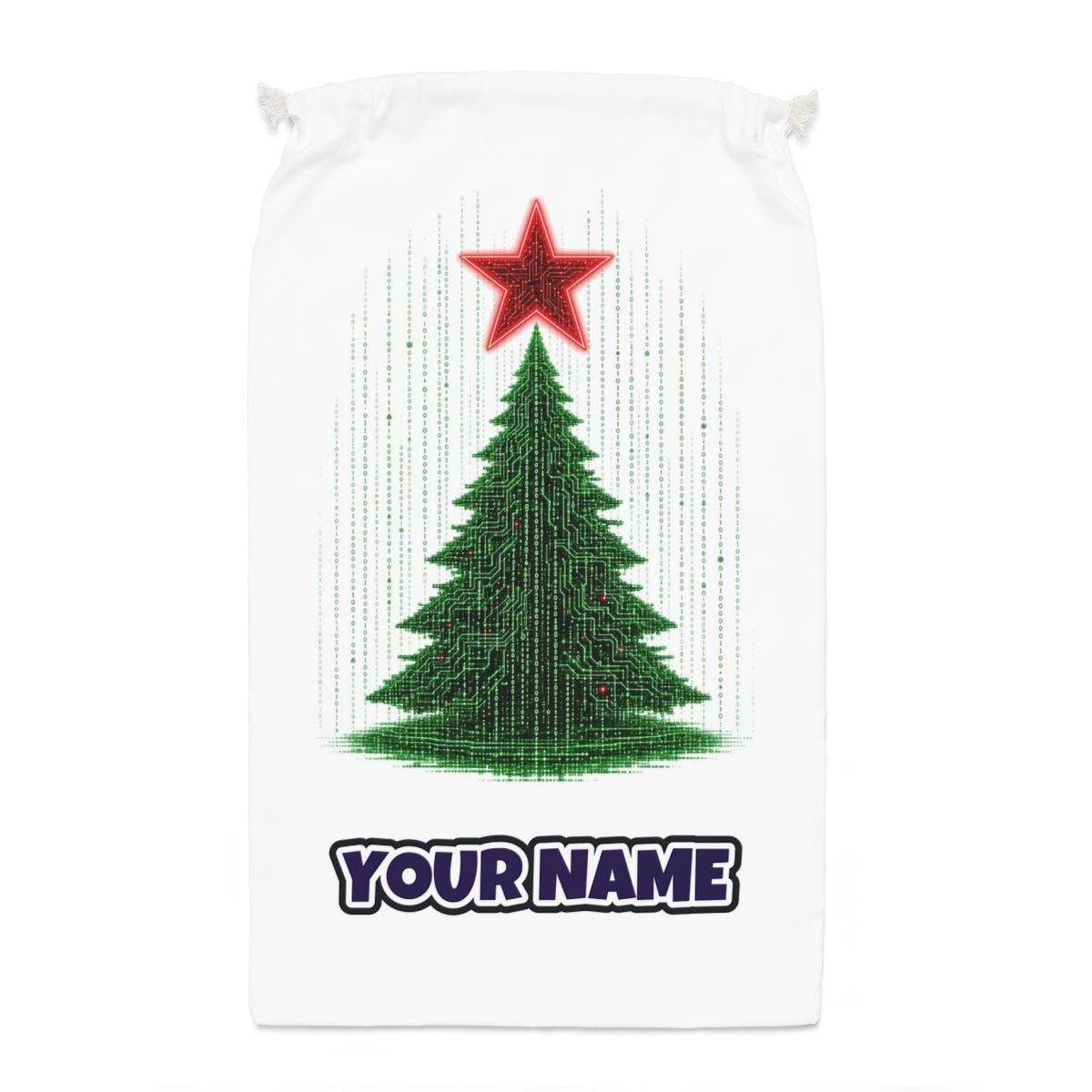 Binary Code Christmas Tree Santa sack laid flat, showing the full print