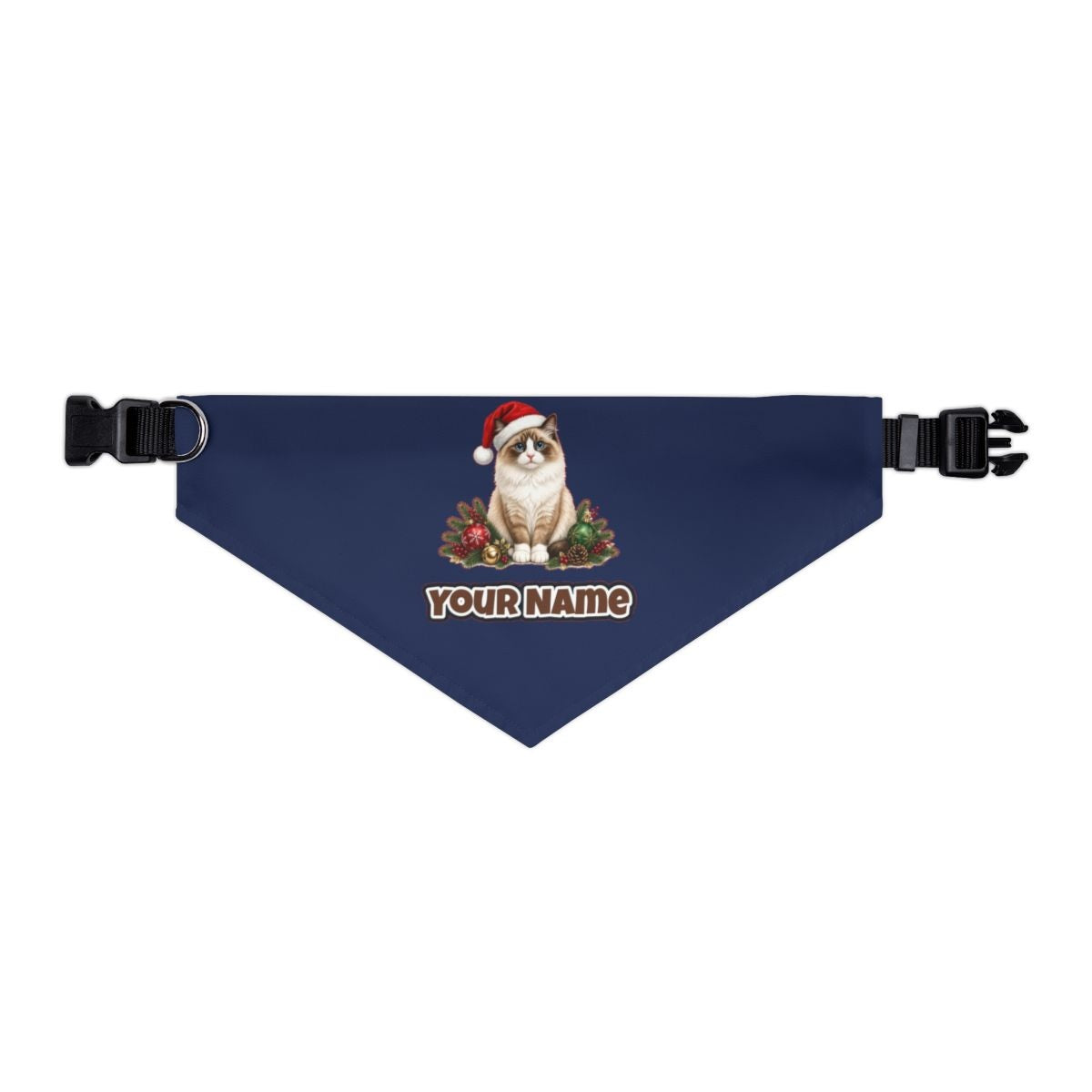 Birman personalised Christmas pet bandana in navy, collar with buckle