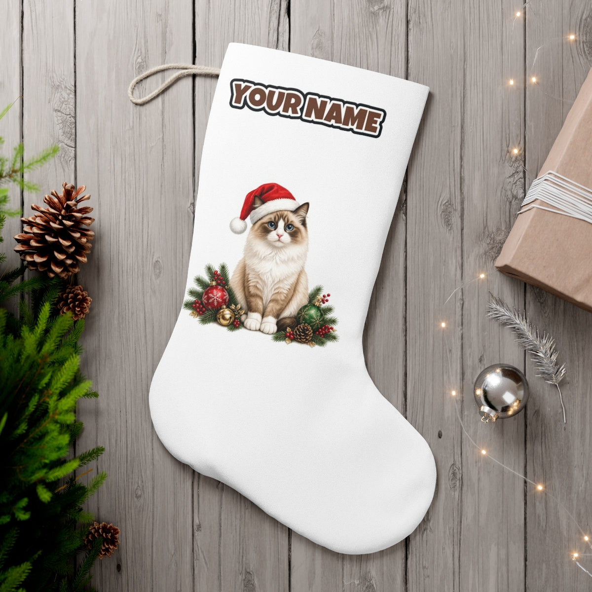 Birman personalised Christmas stocking, white, with the name across the top