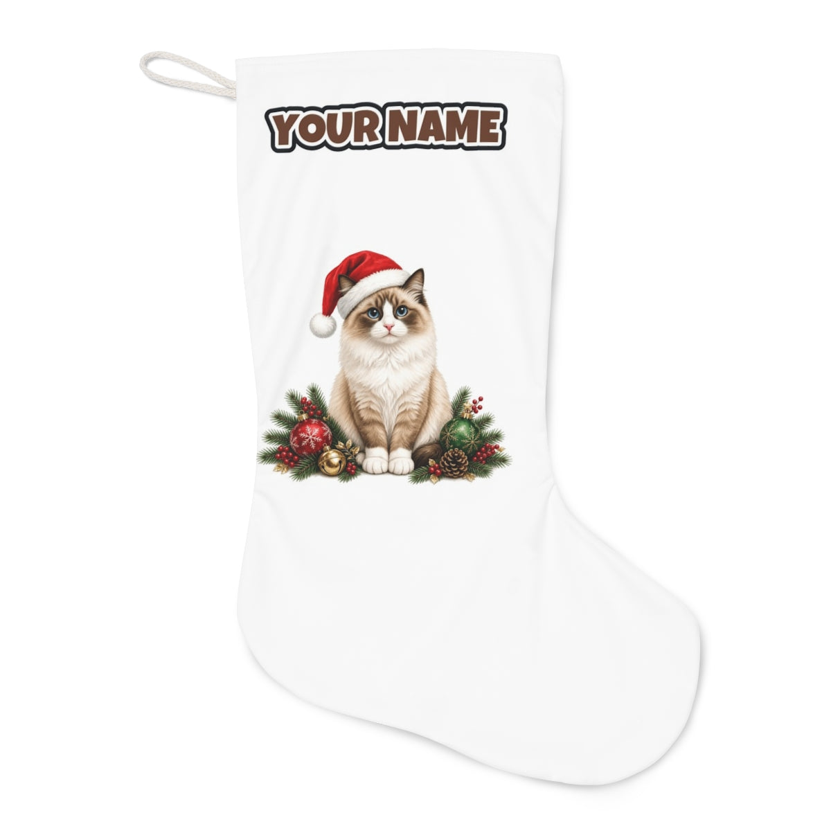 Birman Christmas stocking laid flat, showing the full print