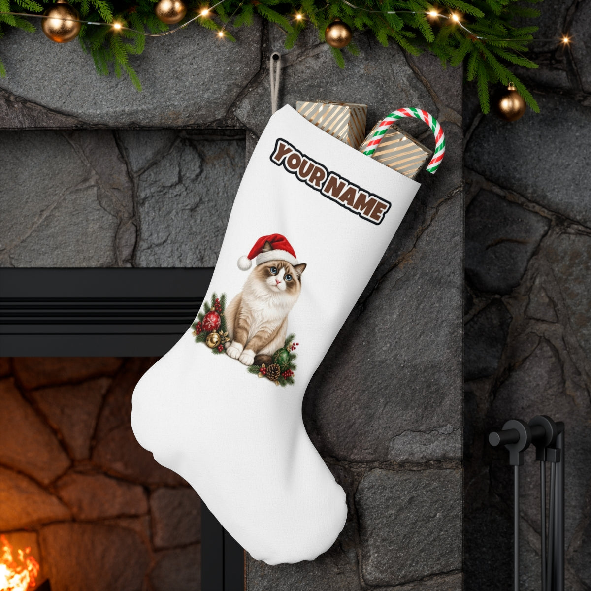 Birman personalised Christmas stocking hanging on a mantel