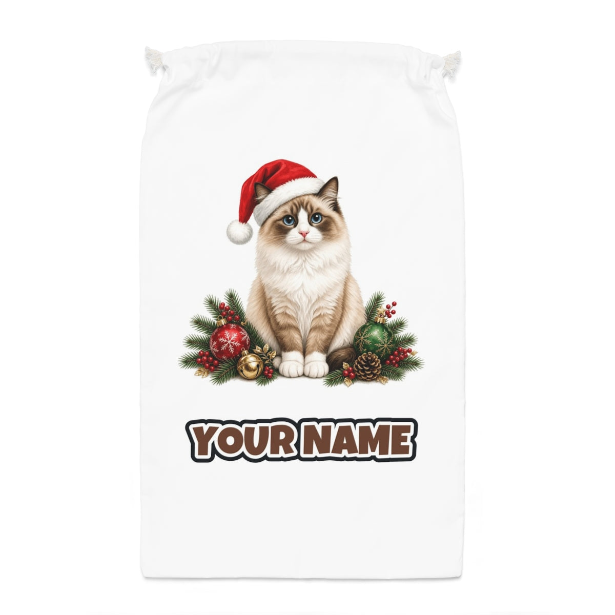 Birman Santa sack laid flat, showing the full print