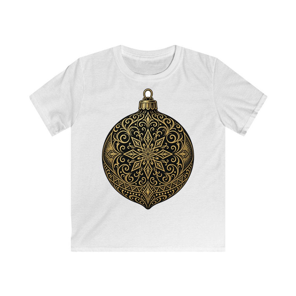 Black and Gold Bauble personalised kids Christmas tee in white