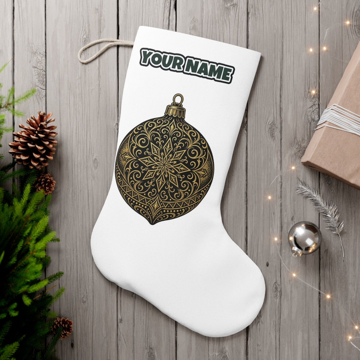 Black and Gold Bauble personalised Christmas stocking, white, with the name across the top