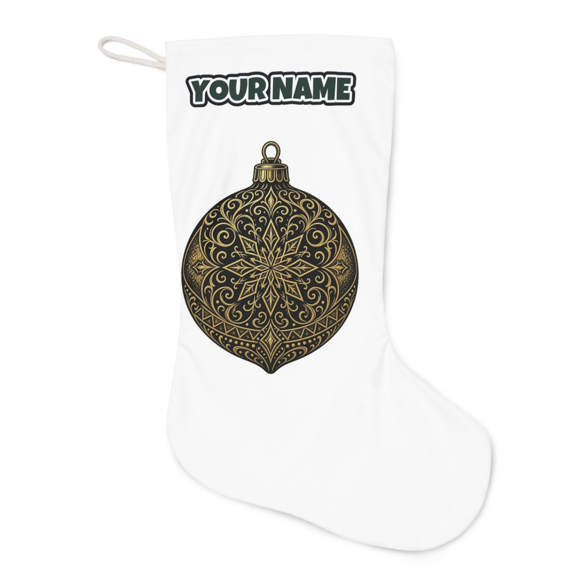 Black and Gold Bauble Christmas stocking laid flat, showing the full print