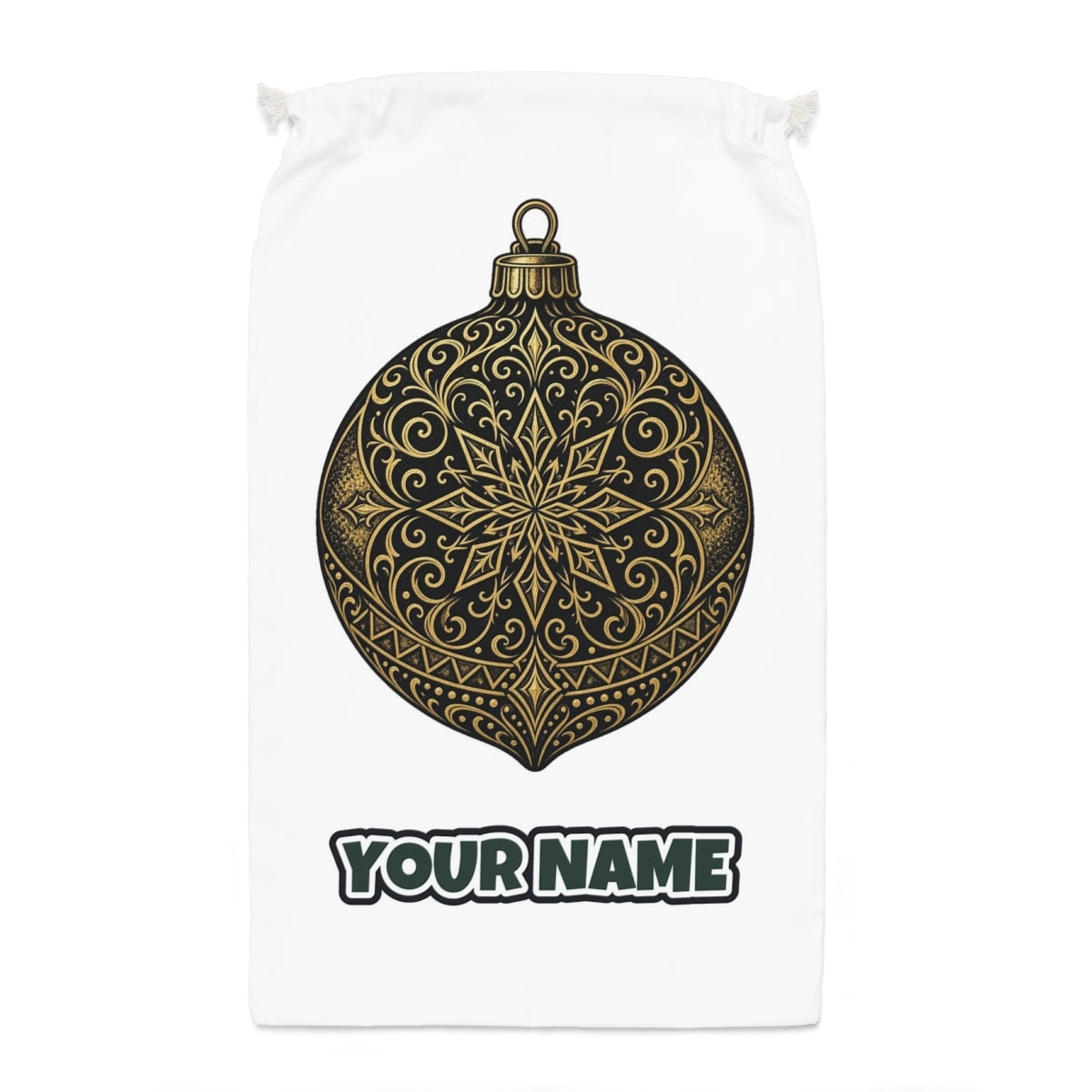 Black and Gold Bauble Santa sack laid flat, showing the full print