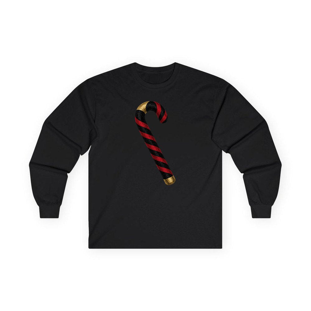 Black And Red Candy Cane personalised long sleeve Christmas T-shirt in black