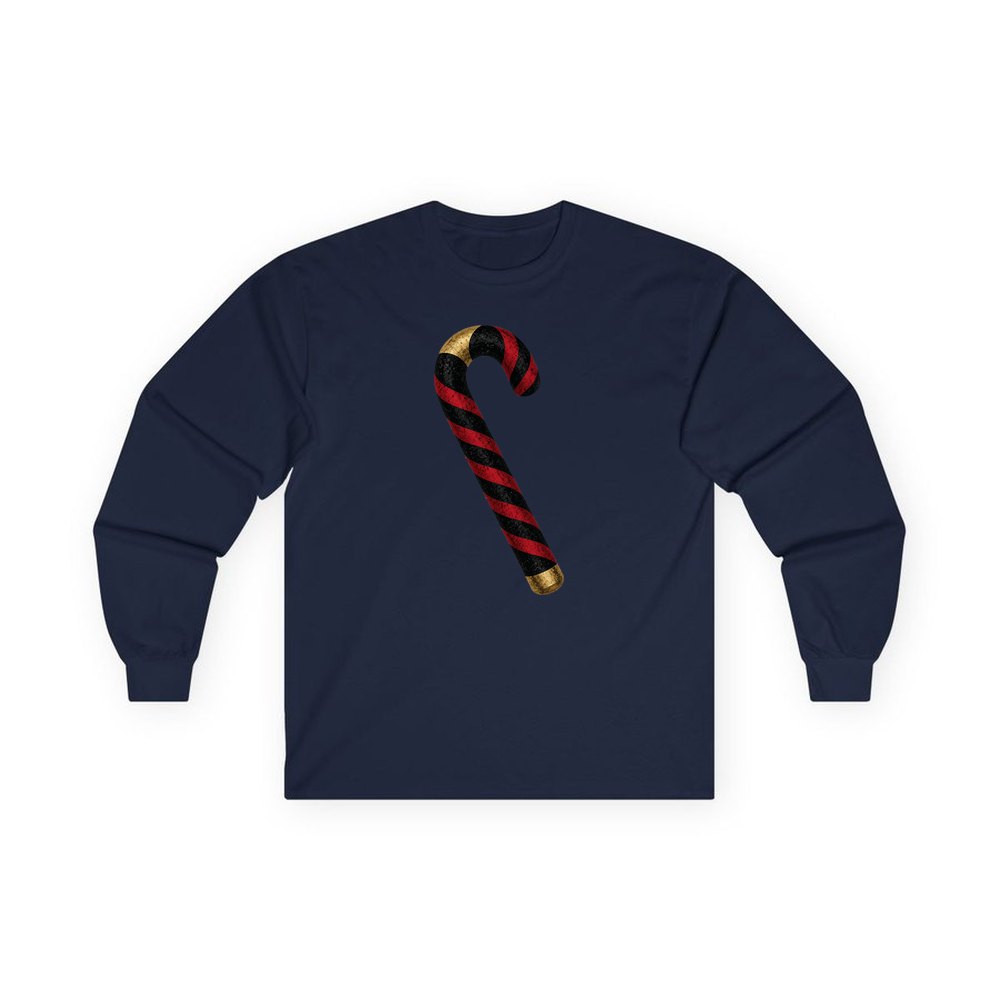 Black And Red Candy Cane personalised long sleeve Christmas T-shirt in navy
