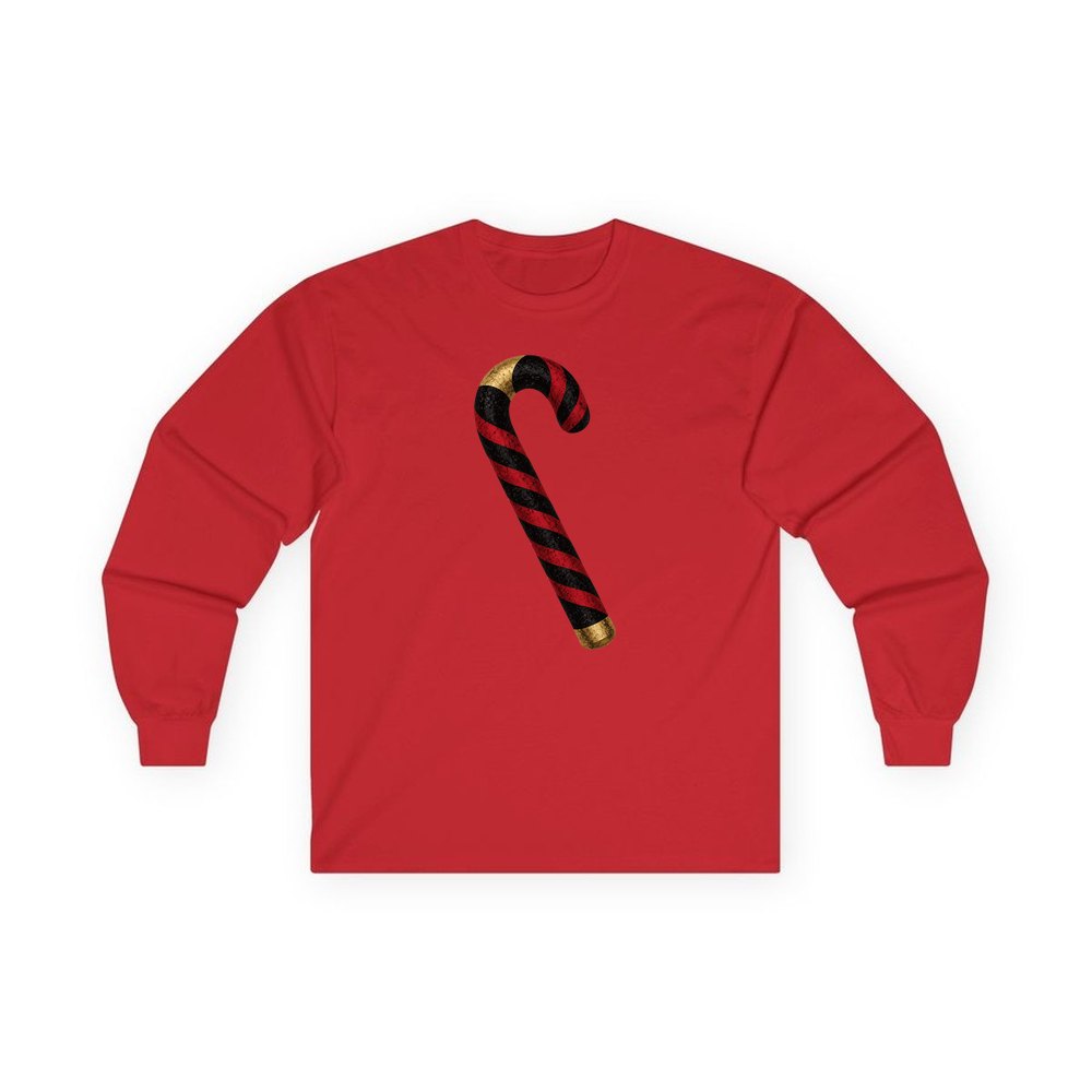 Black And Red Candy Cane personalised long sleeve Christmas T-shirt in red