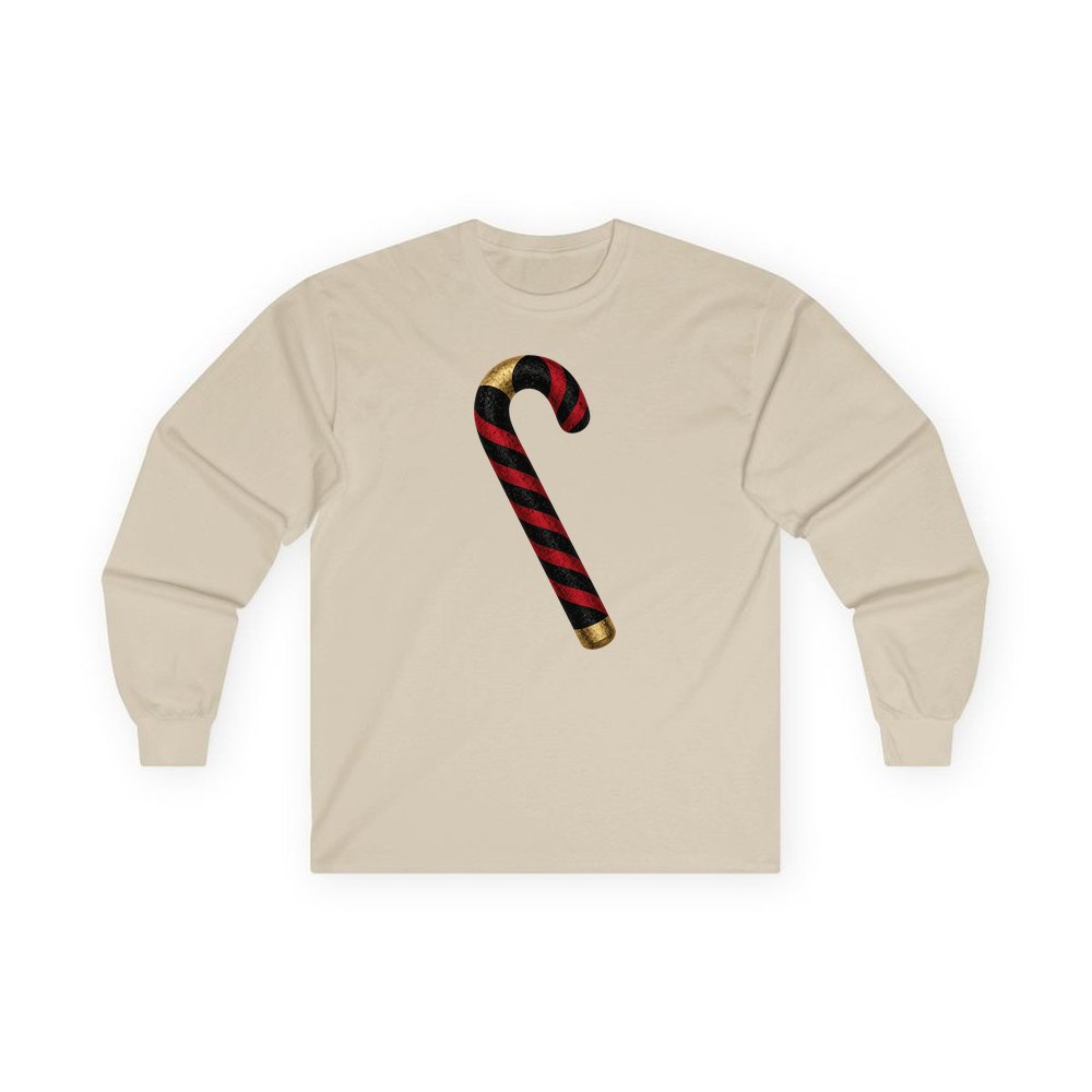 Black And Red Candy Cane personalised long sleeve Christmas T-shirt in sand