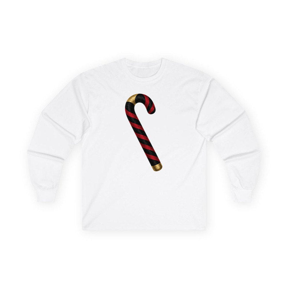 Black And Red Candy Cane personalised long sleeve Christmas T-shirt in white