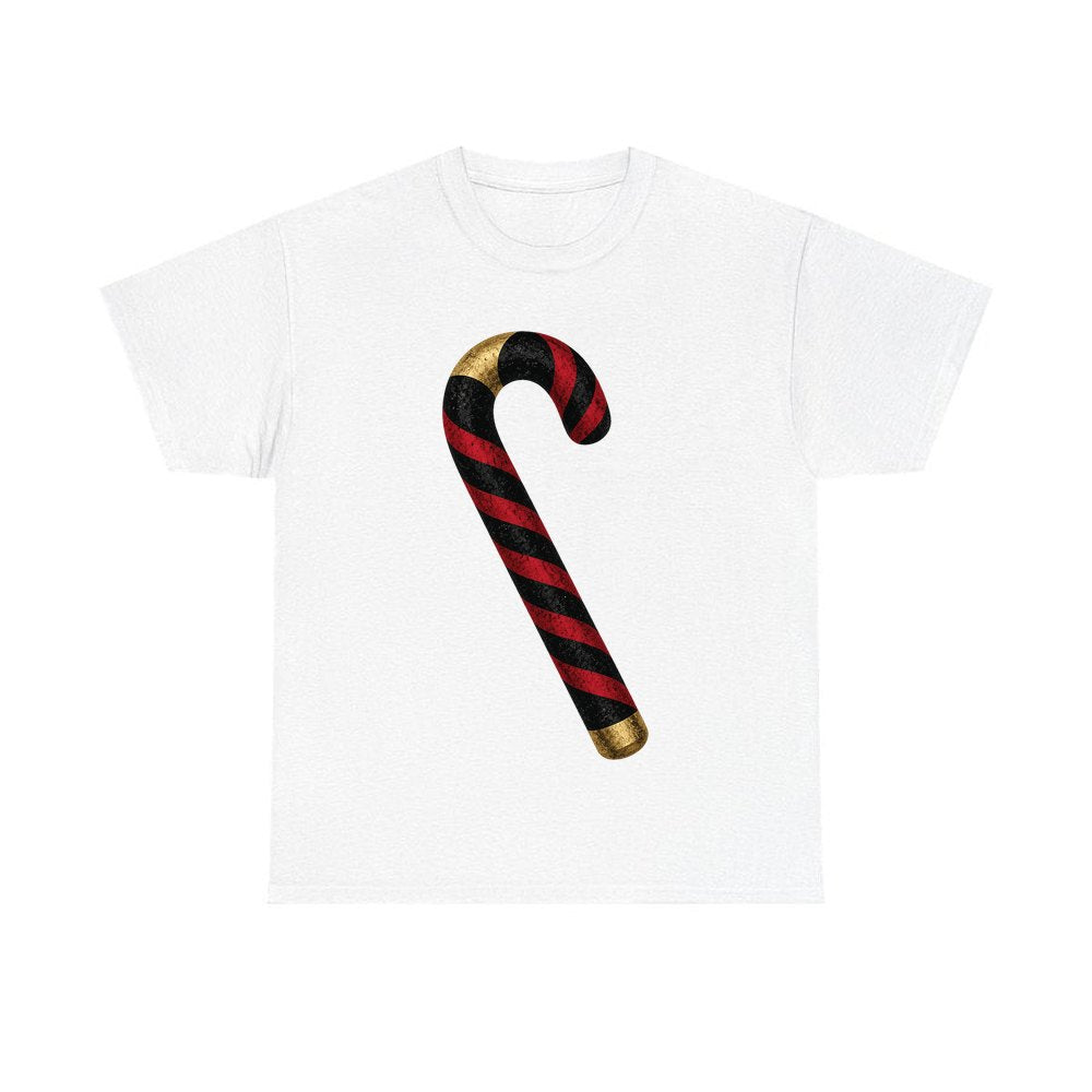Black And Red Candy Cane personalised Christmas T-shirt in white