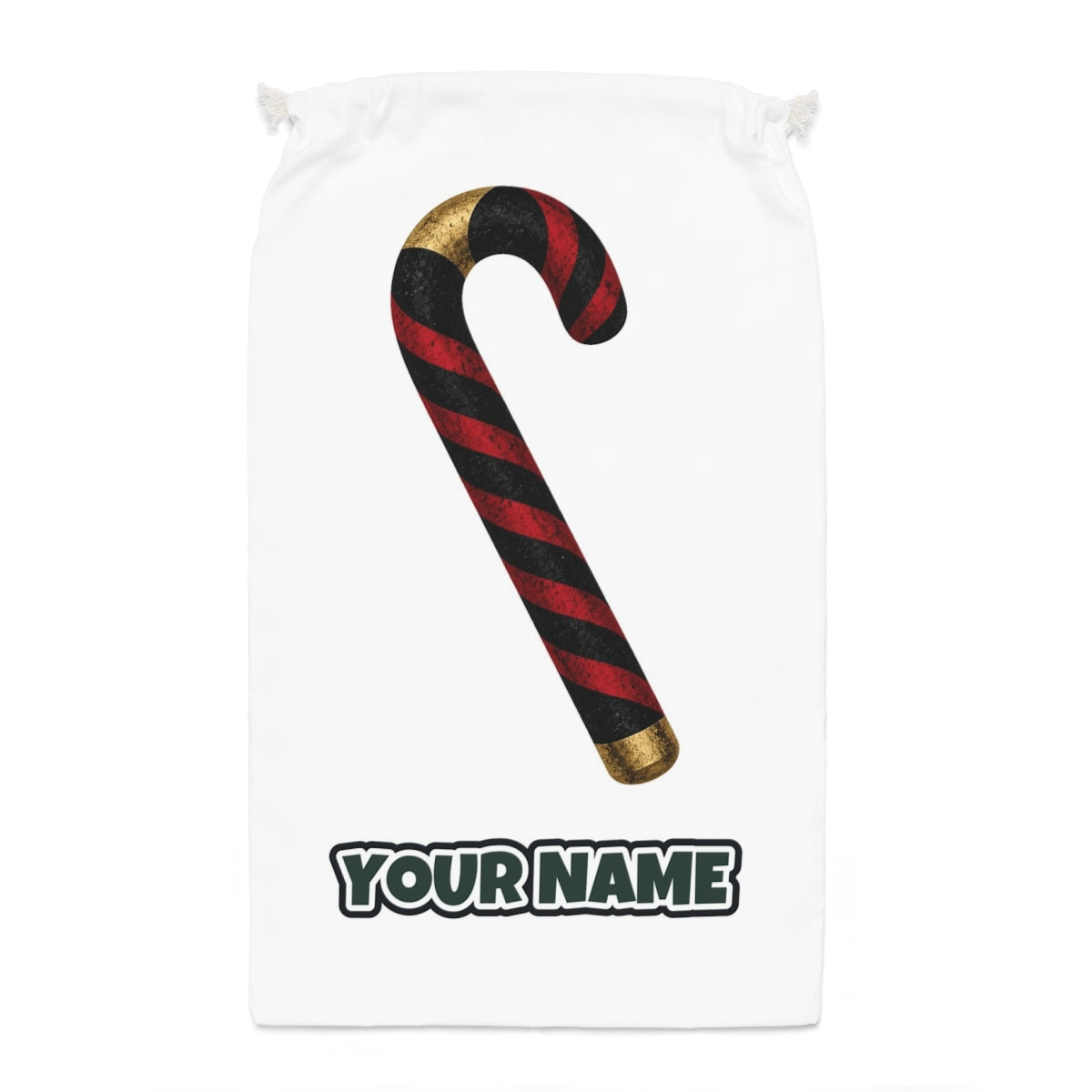 Black And Red Candy Cane Santa sack laid flat, showing the full print