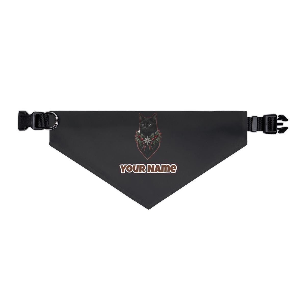 Black Cat Holly Collar personalised Christmas pet bandana in black, collar with buckle
