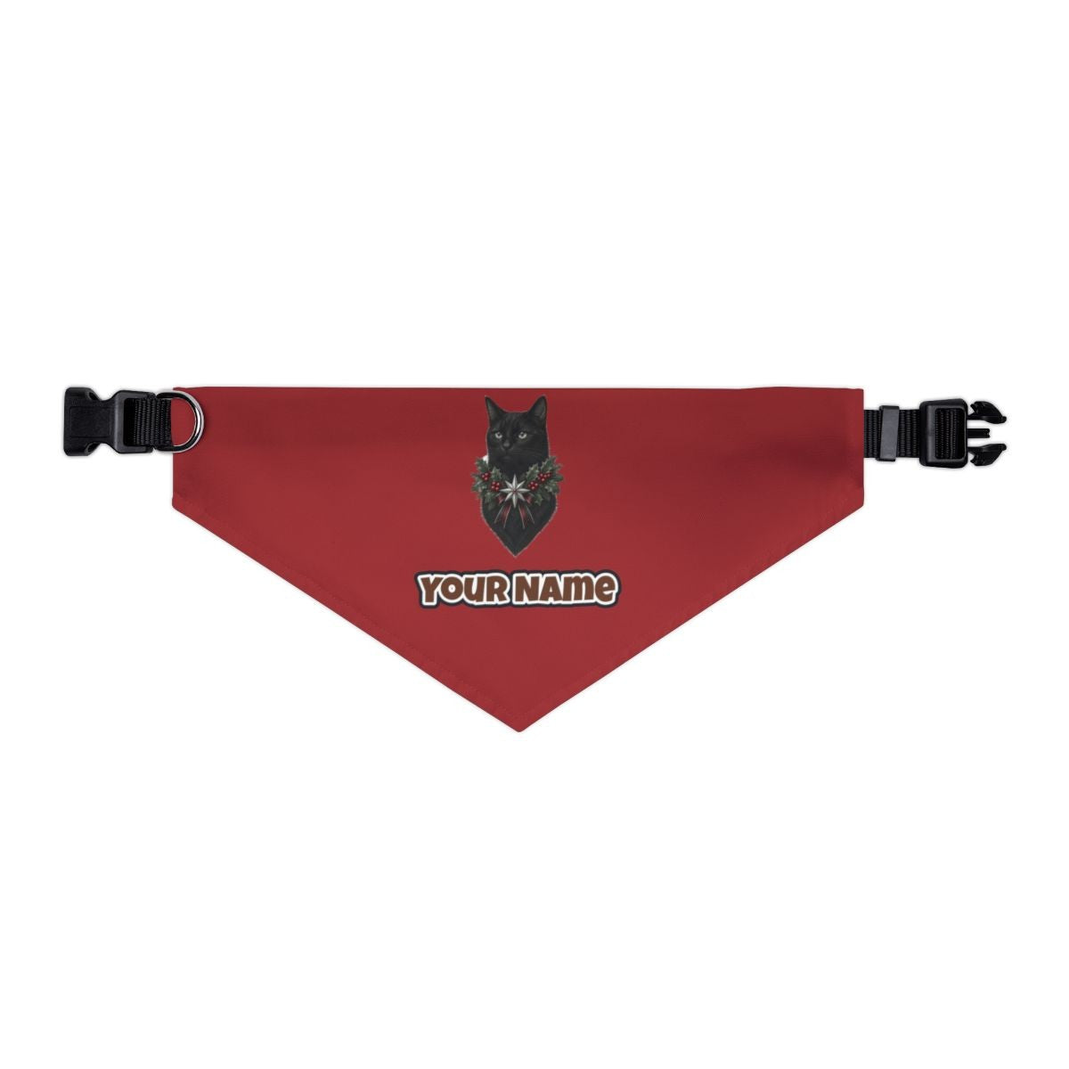 Black Cat Holly Collar personalised Christmas pet bandana in red, collar with buckle