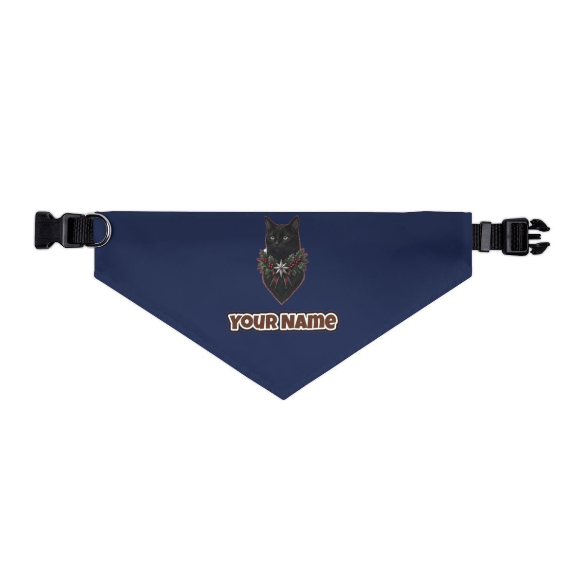 Black Cat Holly Collar personalised Christmas pet bandana in navy, collar with buckle