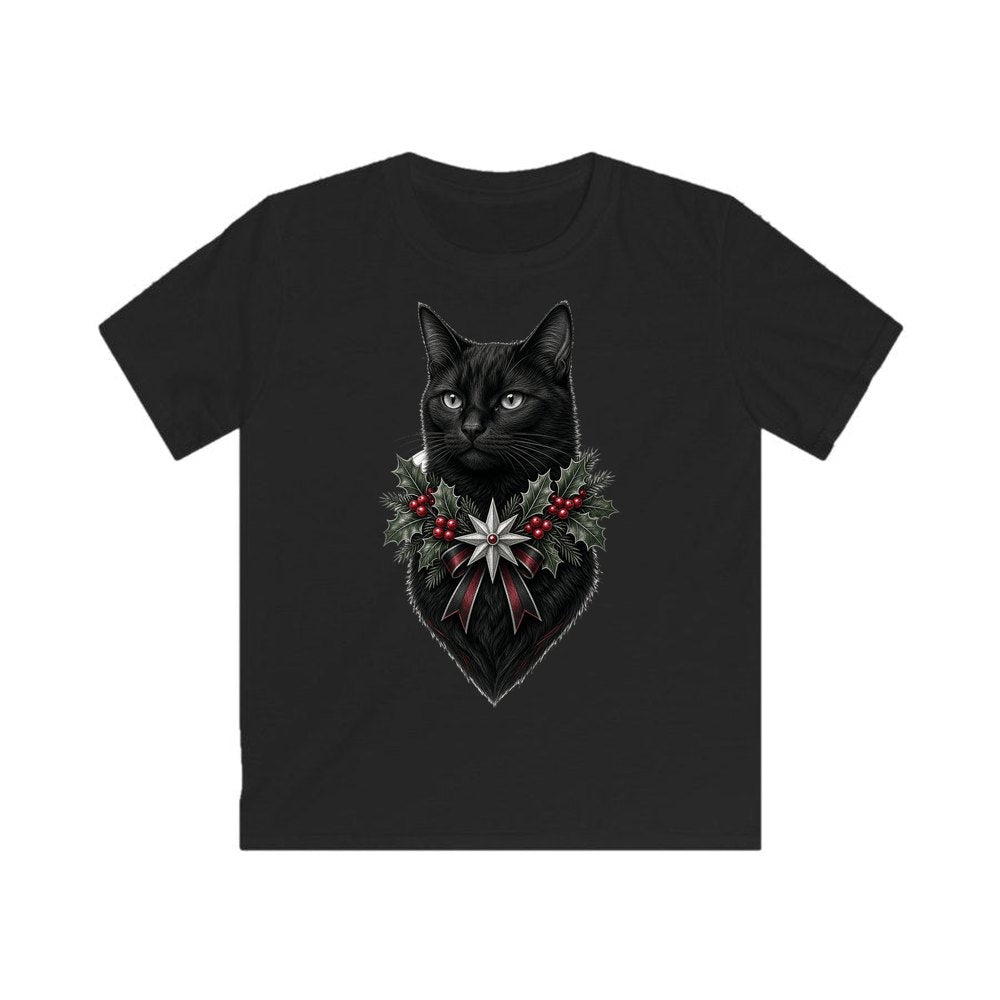 Black Cat Holly Collar personalised kids Christmas tee in black