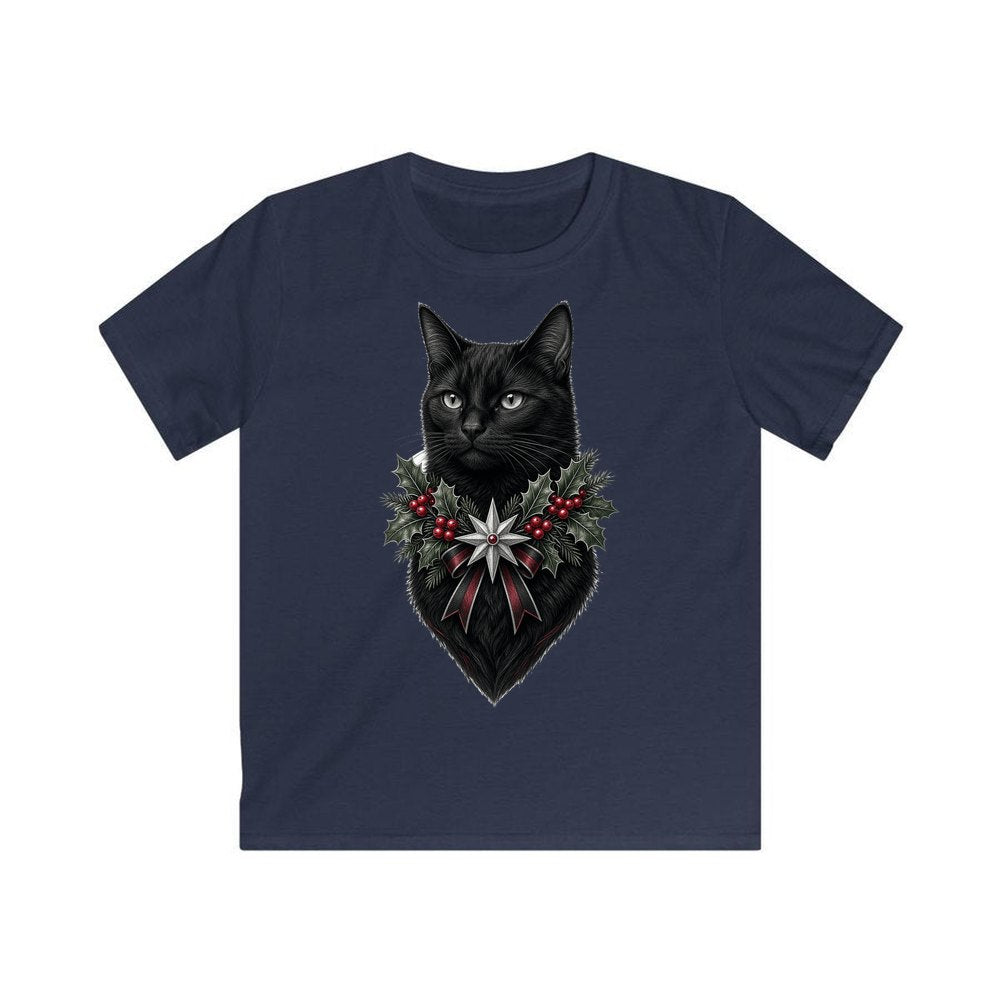 Black Cat Holly Collar personalised kids Christmas tee in navy