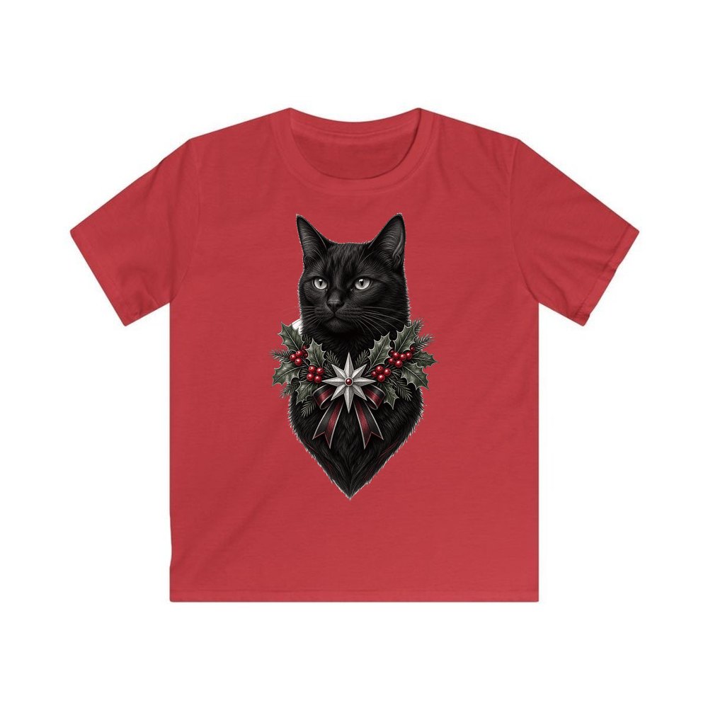 Black Cat Holly Collar personalised kids Christmas tee in red