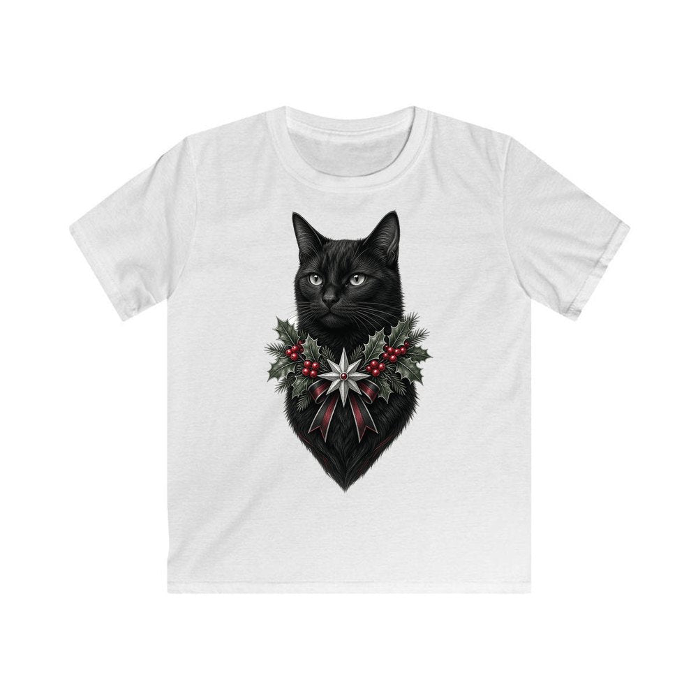 Black Cat Holly Collar personalised kids Christmas tee in white
