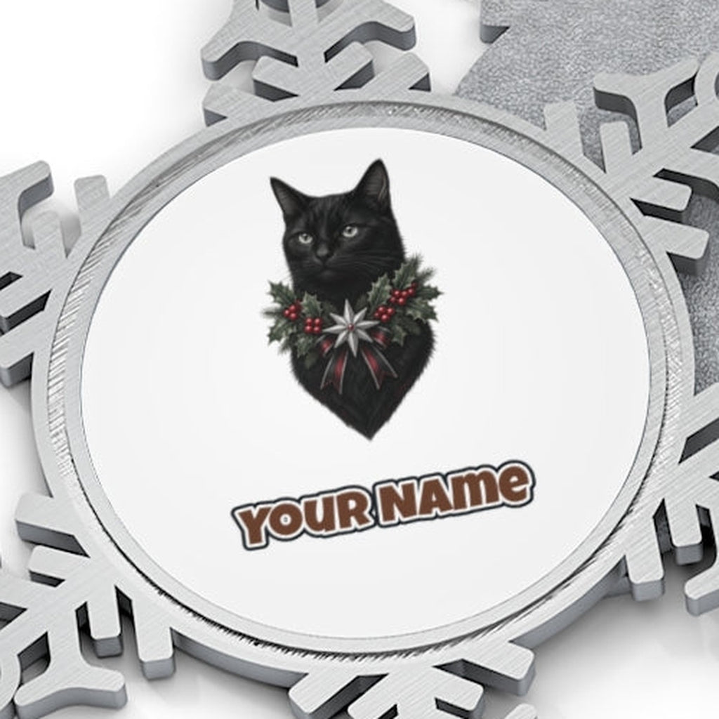 Black Cat Holly Collar Personalised Pewter Christmas Ornament