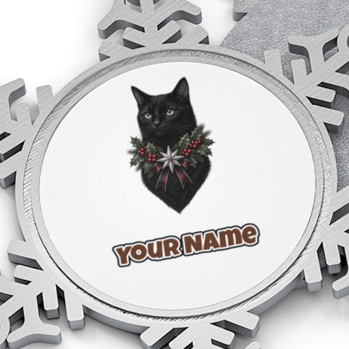 Black Cat Holly Collar Personalised Pewter Christmas Ornament