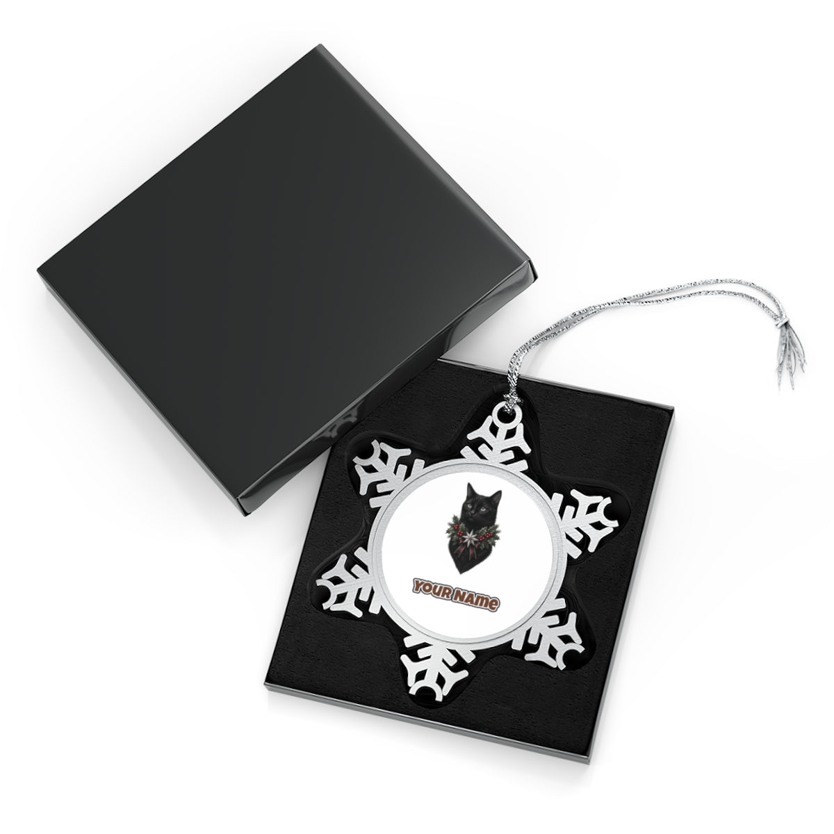 Black Cat Holly Collar Personalised Pewter Christmas Ornament