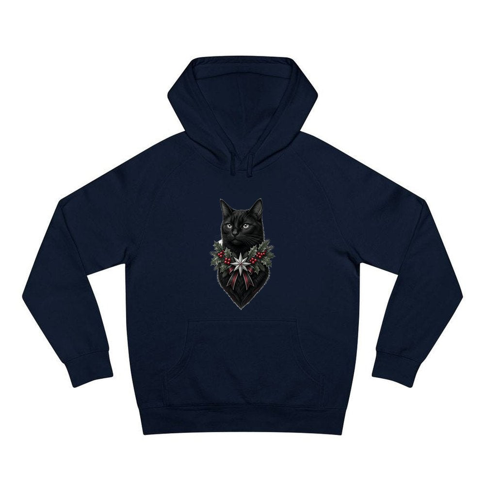 Black Cat Holly Collar personalised Christmas hoodie in navy
