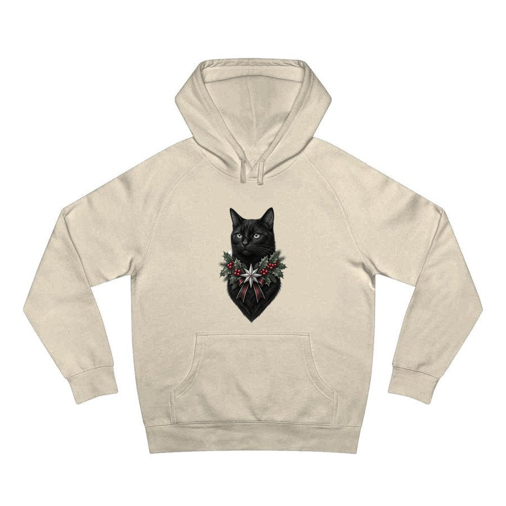 Black Cat Holly Collar personalised Christmas hoodie in sand