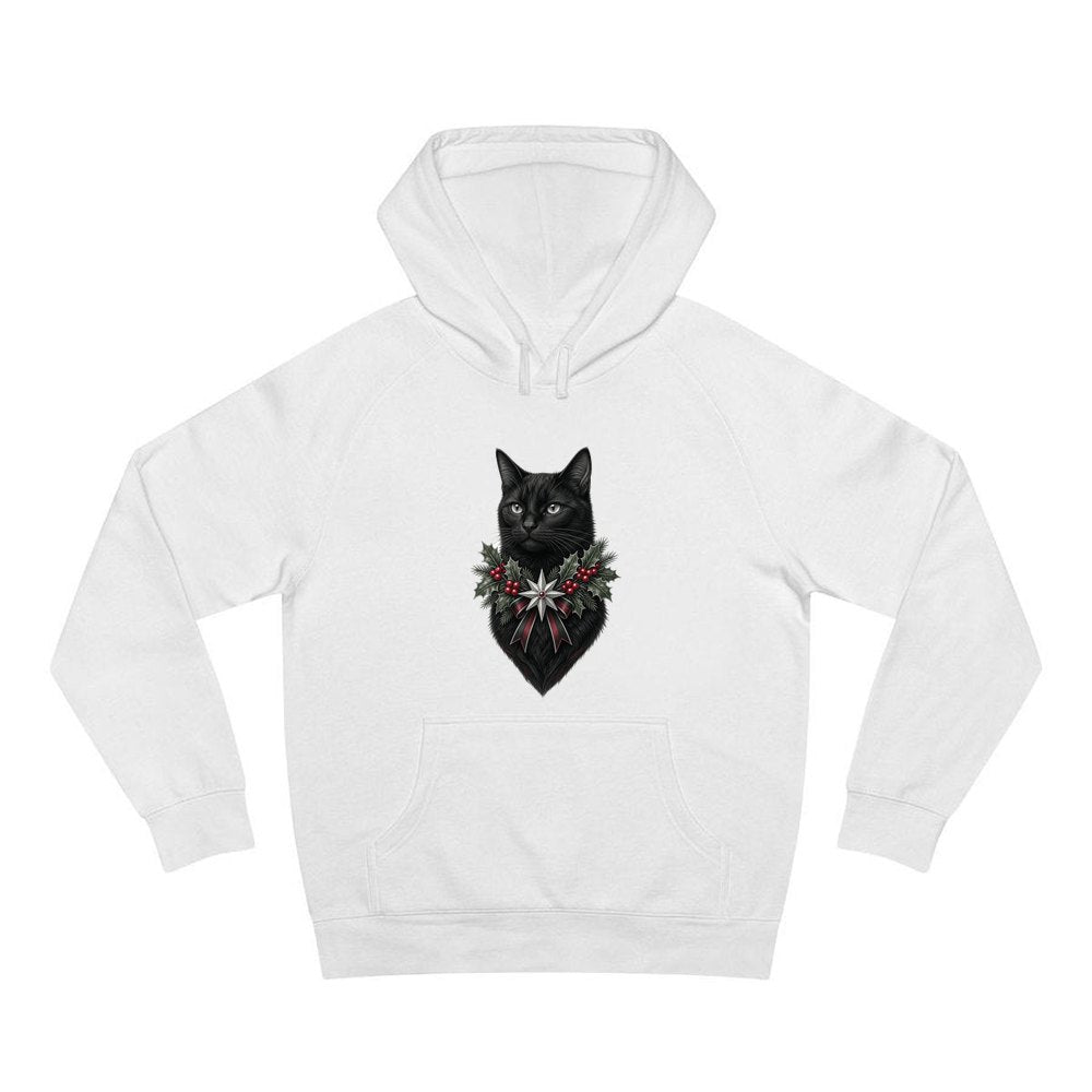 Black Cat Holly Collar personalised Christmas hoodie in white