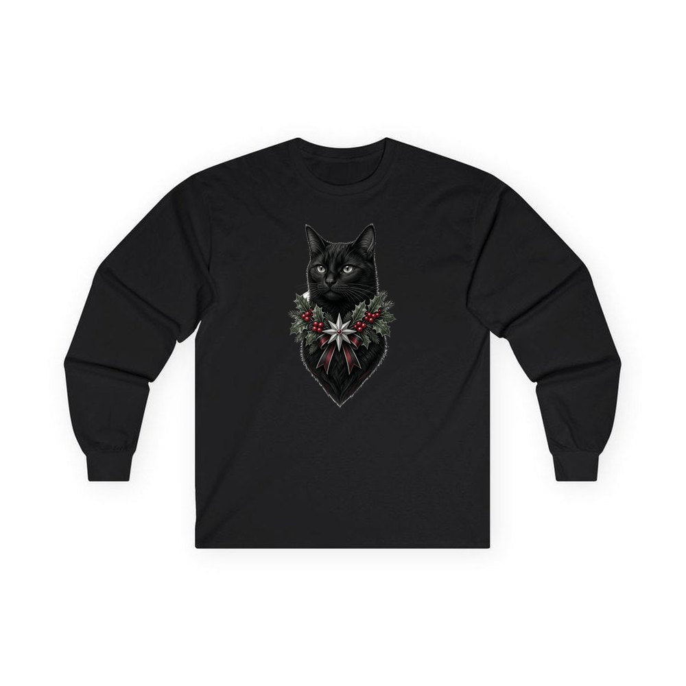 Black Cat Holly Collar personalised long sleeve Christmas T-shirt in black