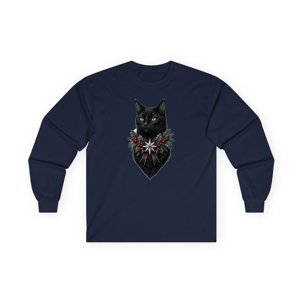 Black Cat Holly Collar personalised long sleeve Christmas T-shirt in navy