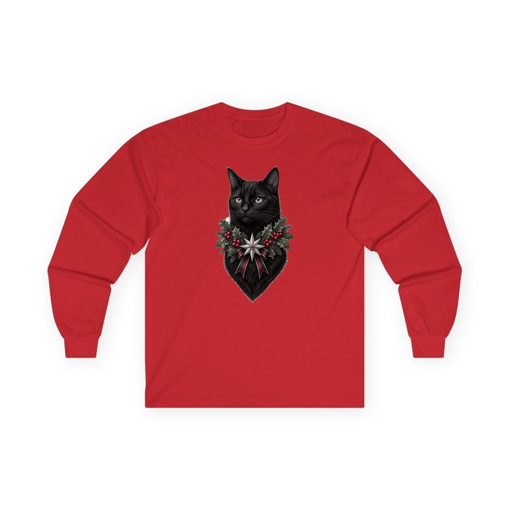 Black Cat Holly Collar personalised long sleeve Christmas T-shirt in red