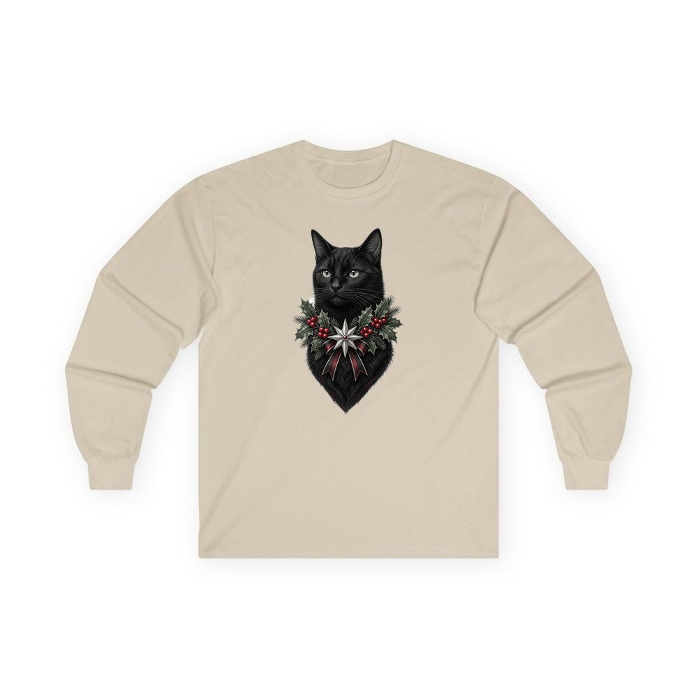 Black Cat Holly Collar personalised long sleeve Christmas T-shirt in sand