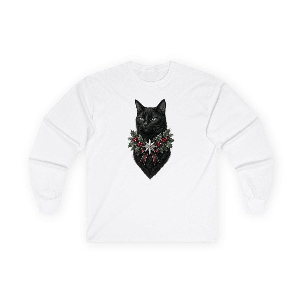 Black Cat Holly Collar personalised long sleeve Christmas T-shirt in white