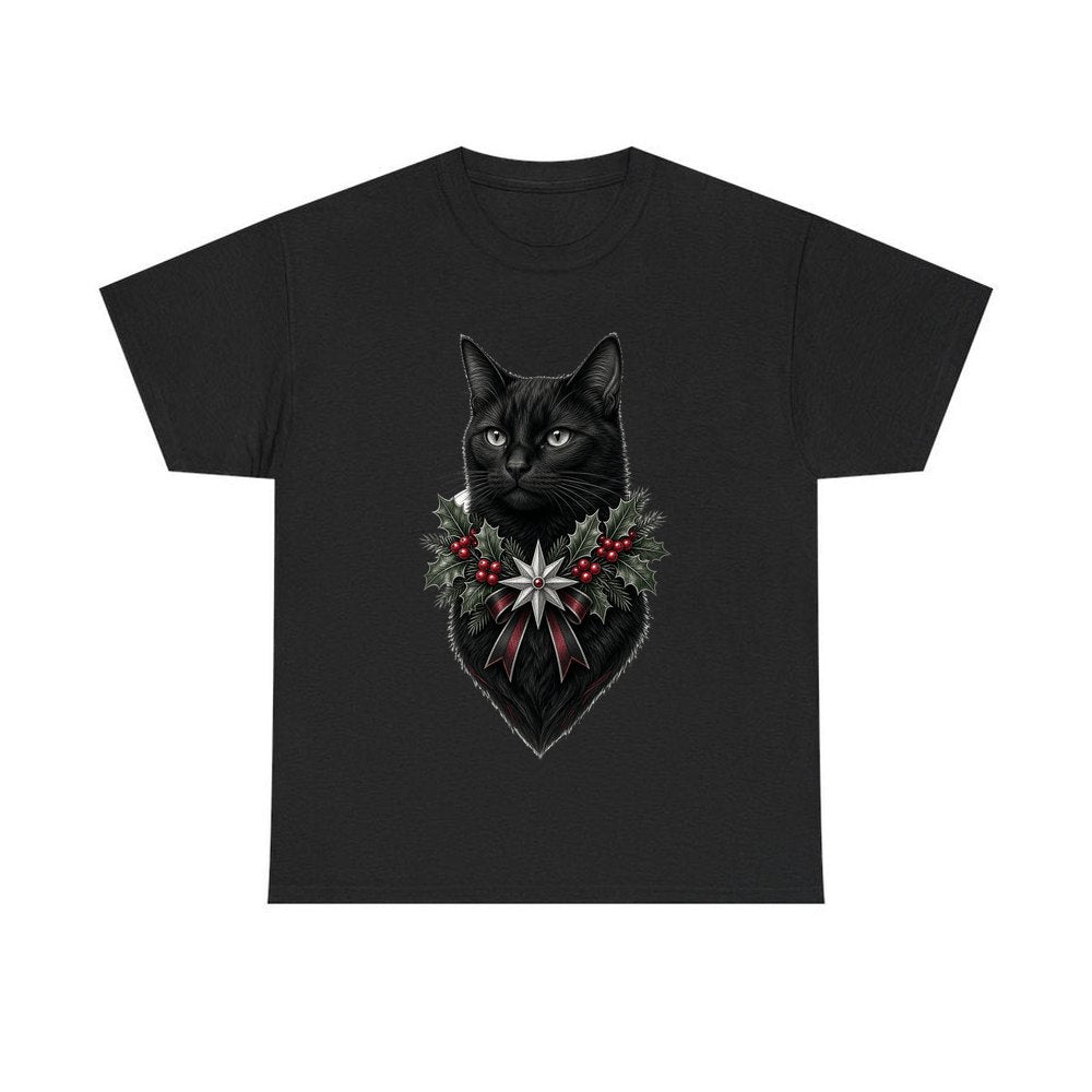 Black Cat Holly Collar personalised Christmas T-shirt in black