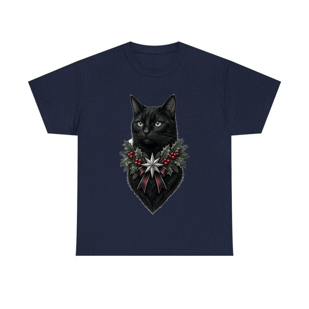 Black Cat Holly Collar personalised Christmas T-shirt in navy