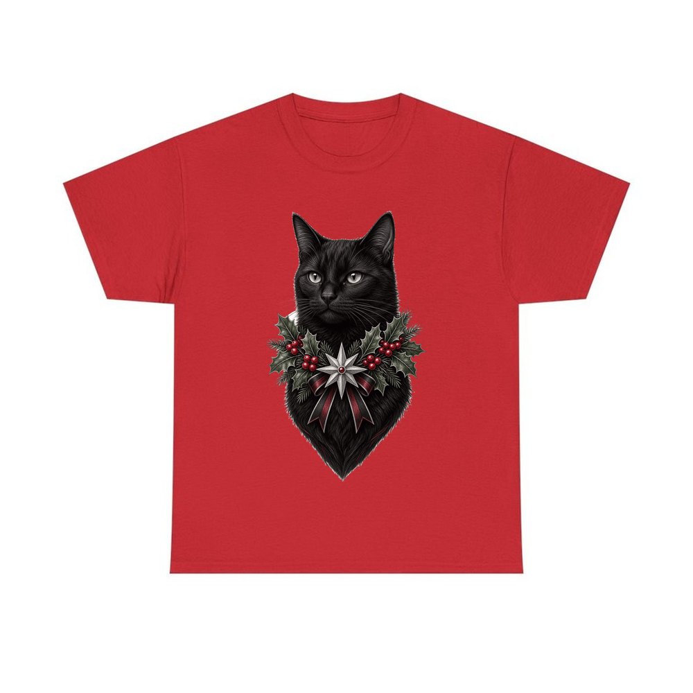 Black Cat Holly Collar personalised Christmas T-shirt in red