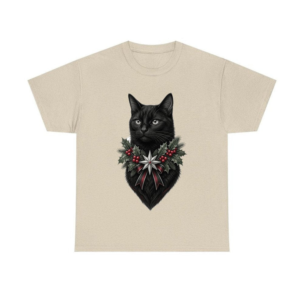 Black Cat Holly Collar personalised Christmas T-shirt in sand