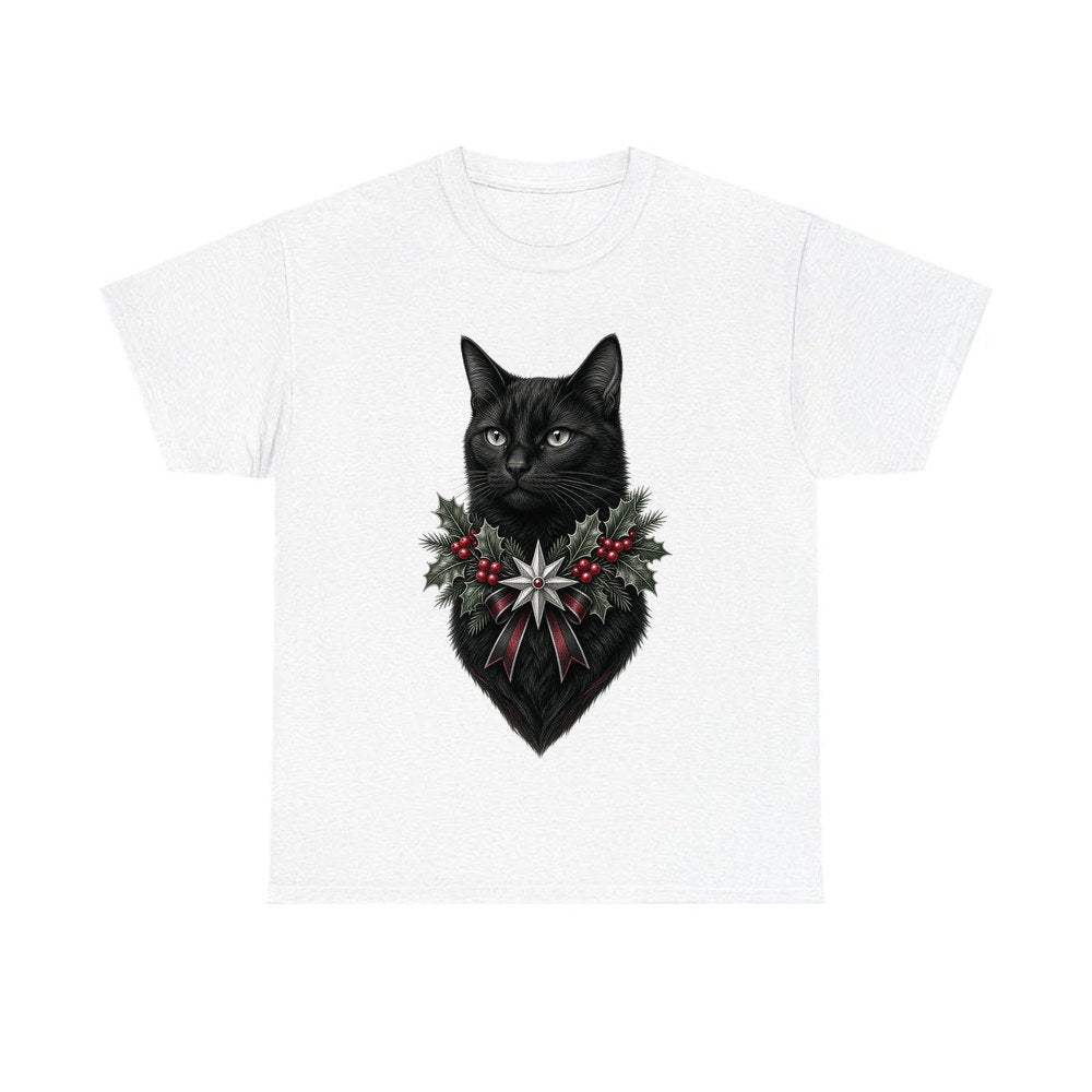Black Cat Holly Collar personalised Christmas T-shirt in white