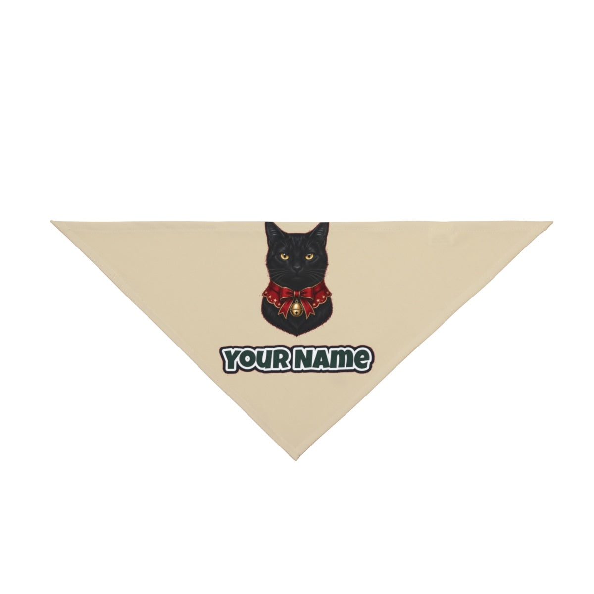 Black Cat In Bell Collar personalised Christmas pet bandana in beige, tie-on style