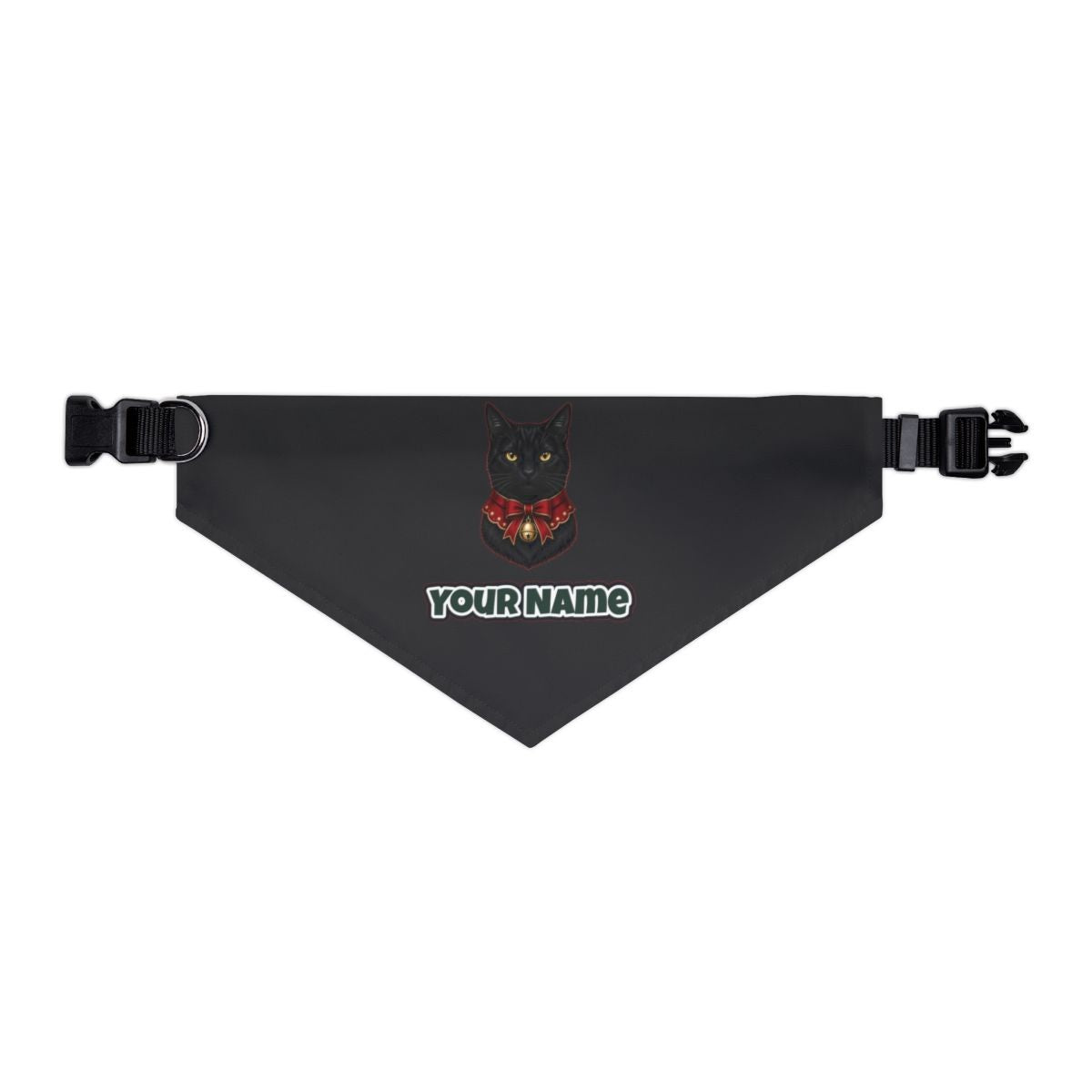 Black Cat In Bell Collar personalised Christmas pet bandana in black, collar with buckle